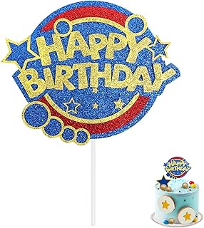 Glitter Blue with Gold Ring Print Cake Topper, Double-Sided Cartoon Themed Happy Birthday Cake Centerpiece, Party Decoration for Kids Boys Girls Birthday Decor Supplies