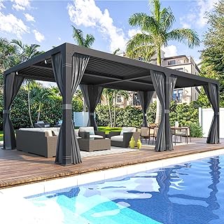 MELLCOM Louvered Pergola 12x24, Aluminum with Adjustable Roof, Outdoor with Waterproof Curtains and Nets, Dark Grey
