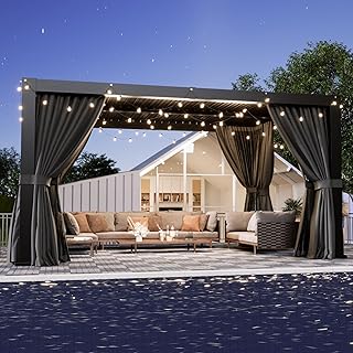 Aoxun Louvered Pergola 10x12 All-Aluminum Outdoor Gazebo with Independent Adjustable Roofs, Waterproof Curtains and Netting, Integrated Drainage System for Patios & Backyard