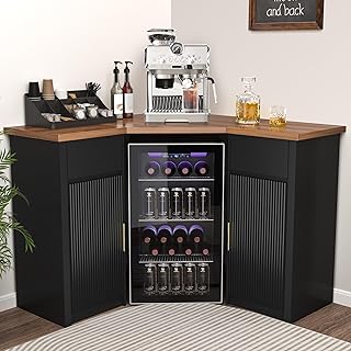 GDLF Corner Bar Cabinet with Fridge Space, Corner Coffee Bar Station with Storage, L Shaped Liquor Wine Cabinet for Home