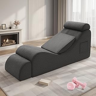 Yoga Chair Lounge, Ergonomic Chaise Lounge Chair with Side Pocket, Headrest, Waist Pad, Ottoman, Perfect for Stretching, Massage, and Relaxation, Used in Living Room, Bedroom
