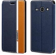 Classic Stripes Faux Leather Flip Case Compatible with Samsung Galaxy Star Advance, Invisible Magnetic Cover with Card Slot, Contrast Color Design(Blue)