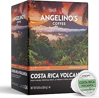 Angelino's Coffee Costa Rica Volcanica Coffee Pods, 24 Count – Medium Roast, 100% Arabica Tarrazu, K Cup Compatible for Keurig – Silky Cacao, Tropical Fruit & Bright Citrus Notes