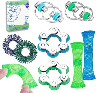 ZQFTZQ 8 Pcs Hand Fidget Toys for Adults Roller Bike Chain Figette Spinners Flippy Chain Mesh Marble and Spiky Sensory Rings Desk Silent Figits Toys for Teens Anxiety and Stress Relief Easter Toys