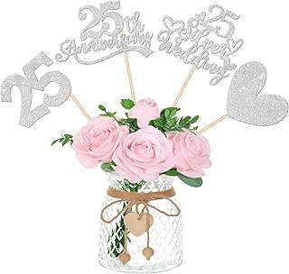 12 PCS 25th Anniversary Centerpiece Sticks Double Sided Silver Glitter Heart 25 Silver Wedding Anniversary Table Flower Centerpieces for Cheers to 25 Years Blessed & Loved Wedding Party Supplies