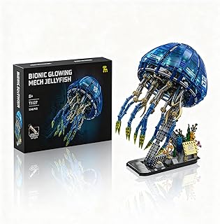 Bionic Glowing Mech Jellyfish Building Blocks, 1146 PCS Marine Animal Model with LED Light & Moving Tentacles, STEM Toy for Kids 8+, Aquarium Style Desktop Decor