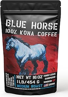Blue Horse 100% Kona Coffee, Medium Roast, Arabica Whole Beans, 1 lb (16 oz) Bag, Farm Fresh, Authentic Hawaiian Coffee beans from Hawaii’s Big Island
