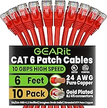 GEARit Cat 6 Ethernet Patch Cable 6 ft Red (10 Pack) Cat6 Patch Cables 6ft Red/Ethernet Patch Cable, 10Gbps 550MHz 24AWG Pure Copper, Snagless, Gold Plated RJ45 for Router, Server, Router, PC