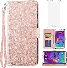 Asuwish Phone Case for Samsung Galaxy Note 4 with Tempered Glass Screen Protector and Glitter Wallet Cover Card Holder Slot Stand Cell Flip Glaxay Note4 Gaxaly N910A Not Notes Four SM Women Men Pink