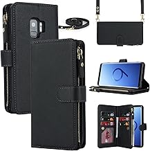 iCoverCase for Samsung Galaxy S9 Wallet Case with Card Holder for Women, Crossbody Lanyard Strap Kickstand PU Leather Case with Zipper Pocket Credit Card Slots Cover (Black)