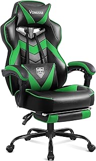 Vonesse Gaming Chair, High Back Gaming Chair with Footrest and Massage, Gaming Chairs for Adults with Pocket Spring Cushion, Big and Tall Reclining Computer Chair with Lumbar Support (Green/Black)