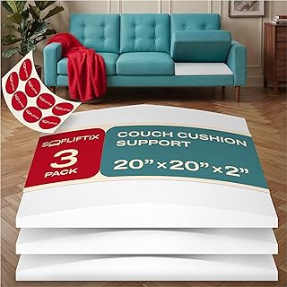 Couch Cushion Support for Sagging Seat, Couch Support for Sagging Cushions, Sofa Cushion Support, 3 Pack 20 x 20 x 2 Inch 45D High Density Foam Cushion Support, Non-Slip Stickers Included, White