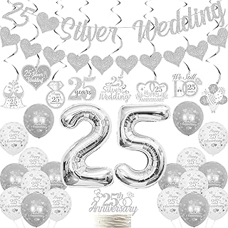 25th Wedding Anniversary Decorations, Silver We Still Do 25 Years Cheers to 25 Years Anniversary Celebration Party Supplies - Balloon Cake Topper Hanging Swirls Garland Banner