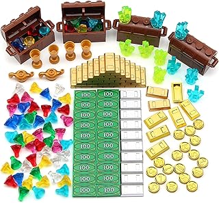 Treasure Accessories Money Building Blocks Set Jewel Chest, Gems Diamonds, Bullion Electroplated Gold Tile Silver Bar, Power Crystals, Coins, Goblet, 100 Dollar Bill Cash Toy Brick