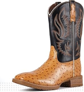 Men‘s Full Grain Leather Cowboy Boots with Ostrich Pattern/Bold Crocodile Texture，Square Toe Embroidery Western Boot, Oil and Slip Resistant,10-Inch Pull-On Wellington Boots