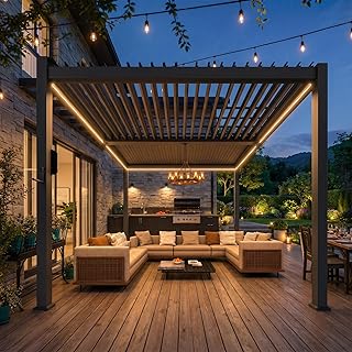10x10 Louvered Pergola with Lights, Aluminum Pergola with Adjustable Roof, Metal Outdoor Pergolas for Patios, Garden and Deck, Grey