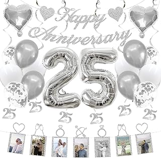 25th Anniversary Decorations Party Supplies Set of Happy Anniversary Photo Banner and Balloons,Hanging Swirls for 25 year Wedding decor(silver)
