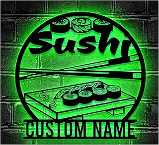 Metal Sign Custom Text-Custom Name Sushi Restaurant Metal Wall Art LED Light - Personalized Kawaii Sushi Lover Name Sign Home Decor,16 color led light