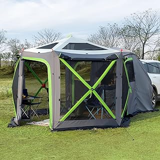 JOYTUTUS Dual-Use Pop up SUV Tent for Camping, 10FT x 10.5FT Big Space 2 Rooms Car Tent for Family, Outdoor Gazebo with 4 Sides Screen, 2 Doors, Portable Carry Bag, Gray Green