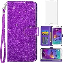 Asuwish Phone Case for Samsung Galaxy Note 4 with Tempered Glass Screen Protector and Glitter Wallet Cover Card Holder Slot Stand Cell Flip Glaxay Note4 Gaxaly N910A Not Notes Four SM Women Men Purple