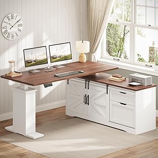 SEDETA Farmhouse L Shaped Standing Desk, 55 inch Height Adjustable Corner Desk with Storage Drawers, Standing Computer Desks with Power Outlets for Home Office, White