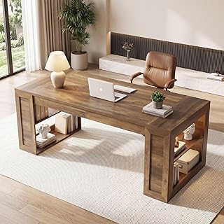 Tribesigns 70.8-Inch Executive Desk, Large Wooden Computer Desk with Open Side Storage Shelves, Spacious Workstation for Dual Monitors, Sturdy Home Office Desk for Work Study