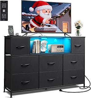 WLIVE Black Dresser TV Stand for 45, 50, 55 inch TV, Entertainment Center with LED Lights & Charging Station, Chest of Drawers with 8 Fabric Drawers and Open Shelves for Living Room, Hallway, Wood Top