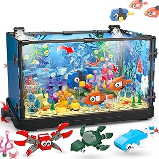Fish Tank Building Block, Lighting Aquarium Building Sets for Adults and Kids Including Ocean Jellyfish, Dolphin, Turtle, Crab, Animal Building Toys for Boys Age 12+, 725pcs