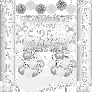 Silver 25th Wedding Anniversary Decorations for Men Women, 25th Anniversary Party Decorations Banner Porch Banner Tablecloth and Balloons Kit for Silver Wedding Party Supplies