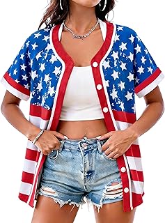 Women's American Flag Button Down Jersey Shirt Patriotic USA Short Sleeve Shirts 4th of July Baseball Tee Top