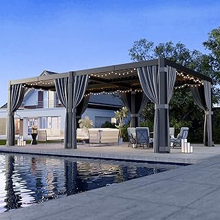Airwire 12'x20' Louvered Pergola, Outdoor Pergola with 2 Independent Adjustable Roof and Drainage System, Aluminum Pavilion with Curtains & Netting, Hardtop Gazebo for Patio, Deck, Garden, Gray