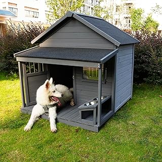 Large Outdoor Dog House, 44.2 x 44.6 x 44.6 inches, Weatherproof Wood Construction with Asphalt Roof, Covered Terrace, Gray(00004)