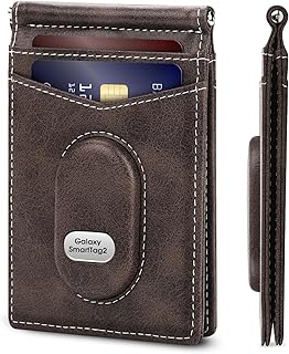 Slim Bifold Wallet for Samsung Smarttag2 Genuine Leather Minimalist Wallet Compatible with Samsung Tag RFID Blocking Card Holder with ID Windows | Money Clip(Coffee)
