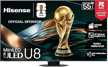 55" U8 Series ULED Mini-LED 4K UHD Smart Google TV (55U8QG) - QLED, Native 165Hz, VRR 288, Up to LD5600, 5000 Nits, HDR10+, Dolby Vision IQ · Atmos, IMAX Enhanced, 4.1.2 Ch Audio