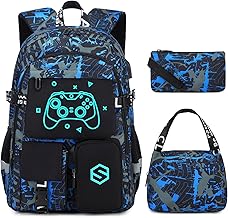 Boys Backpack, Cool Luminous School Backpacks for Boys with Lunch Bag Pencil Case, Kids Backpack Kindergarten Elementary Middle School Book Bags for Teen Boy Children with USB Charging Port