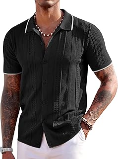 Men's Knit Shirts Short Sleeve Button Down Polo Shirt Fashion Casual Summer Beach Shirts