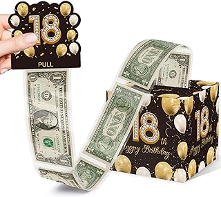 Cute 18th Birthday Gift Box for Boys & Girls - Pull Out Money Box with 35PCS Bags, Black Gold Birthday Decor for Party
