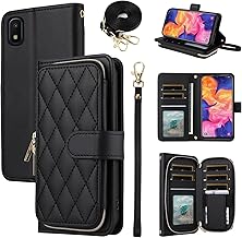 Argyle Wallet Case for Samsung Galaxy A10e with Wrist Strap Shoulder Strap, 9+ Card Slot Zipper Purse Luxury PU Leather Stand Checkered Phone Cover for A 10e 10ae S102DL Women Girls Black
