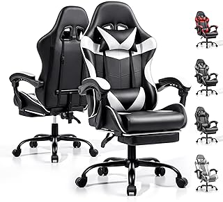 Gaming Chair, Ergonomic Computer Chair with Footrest and Lumbar Support, Height Adjustable Office Chair with 360° Swivel Seat and Headrest (Black & White)