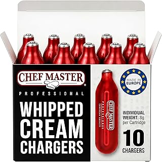Chef Master 10 Pack N20 Whipped Cream Chargers - 8g Professional Nitrous Oxide Cartridges - Premium Whip Cream Charger Cartridge - Made in EU - Food-Safe Steel & Universal Fit for Dispensers - 90060