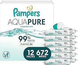 Pampers Aqua Pure Baby Wipes, 99% Water, Fragrance Free, Unscented, Water Based, Multi-Use, 672 Wipes Total (12X Flip-Top Packs) [Packaging May Vary]