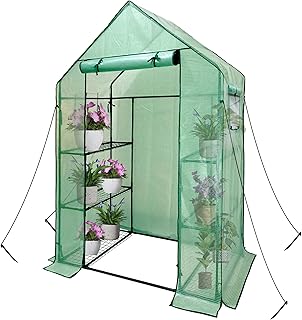 Heyfurni Walk in Greenhouse with Shelves,Walk-in Plant Green House with Durable Green PE Cover, 3 Tiers 6 Shelves Stands with Ground Pegs & Ropes for Stability, 56"x28"x76"