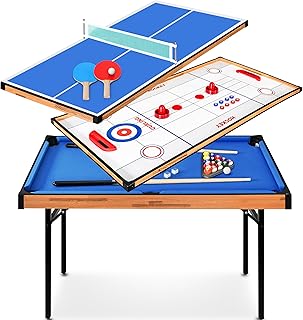SereneLife 4 in 1 Multi Game Table, 4’x2’ Folding Portable Sports Arcade Games with Accessories, Ping Pong, Air Hockey, Pool Billiards, and Shuffleboard, for Indoor, Outdoor, All Ages