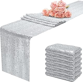 12x108 inch Silver Sequin Table Runner Sparkly Glitter Table Linens 6 Packs for Party Decorations Wedding Birthday Baby Shower Engagement Anniversary