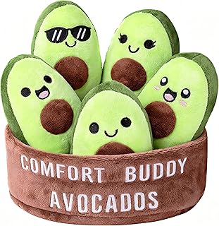 Emotional Support Plush Avocados, Squishy Stuffed Animals and Plushies Set, Includes 5 Emotional Support Food Plushies with Carrying Basket, Cute Stuff and Great Gifts for Women Men
