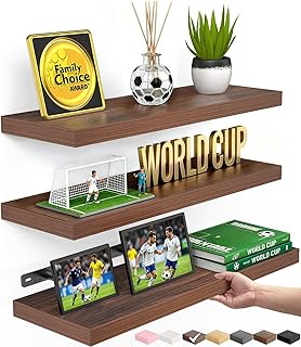 BAYKA Floating Shelves for Wall, Set of 3, Wall Mounted Rustic Wood Shelves for Bathroom, Bedroom, Living Room, Kitchen, Small Hanging Shelf for Books/Storage/Room Decor, Walnut-Like, 15.7in