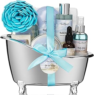 Spa Gift Basket For Women - Luxury Bath Set with Wash, Bubbles, Lotion, Body Butter, Soap, Towel, Shower Puff, Reusable Basket, Gifts for Mom, Wife, Girlfriend - Ocean & Coconut
