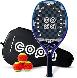 Beach Tennis Racket 18k Carbon Fiber with Padded Bag Copa Jupiter EVA Memory Foam Core, Sand Grit Finish Beach Tennis Paddle ITF Regulation Balls Included.