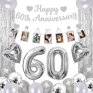 Happy 60th Anniversary Decorations Include Silver Glitter Banner,Photo Banner,Fringe Curtains,Number Balloons and Latex Balloons,60th Wedding Anniversary,Vow Renewal,or Celebration