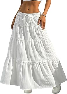 Women's Boho Flowy White Maxi Skirt Flared Ruffle Elastic Waist Summer A Line 2026 Spring Long Skirts